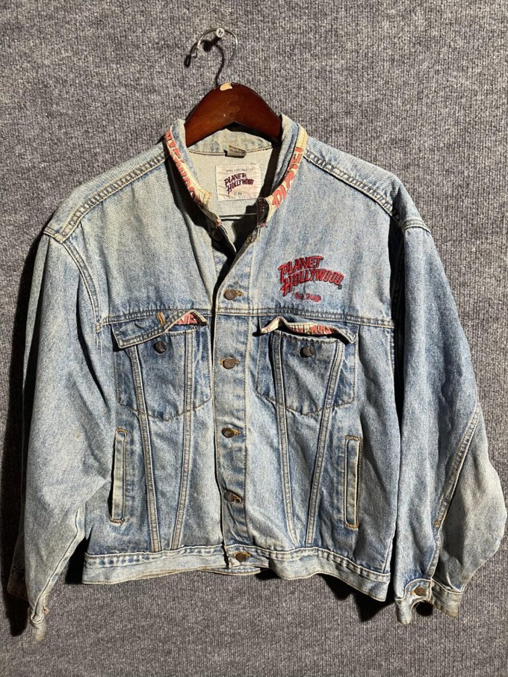 Vintage Planet Hollywood Jacket Mens Large Blue Denim San Diego Logo Trucker 90s